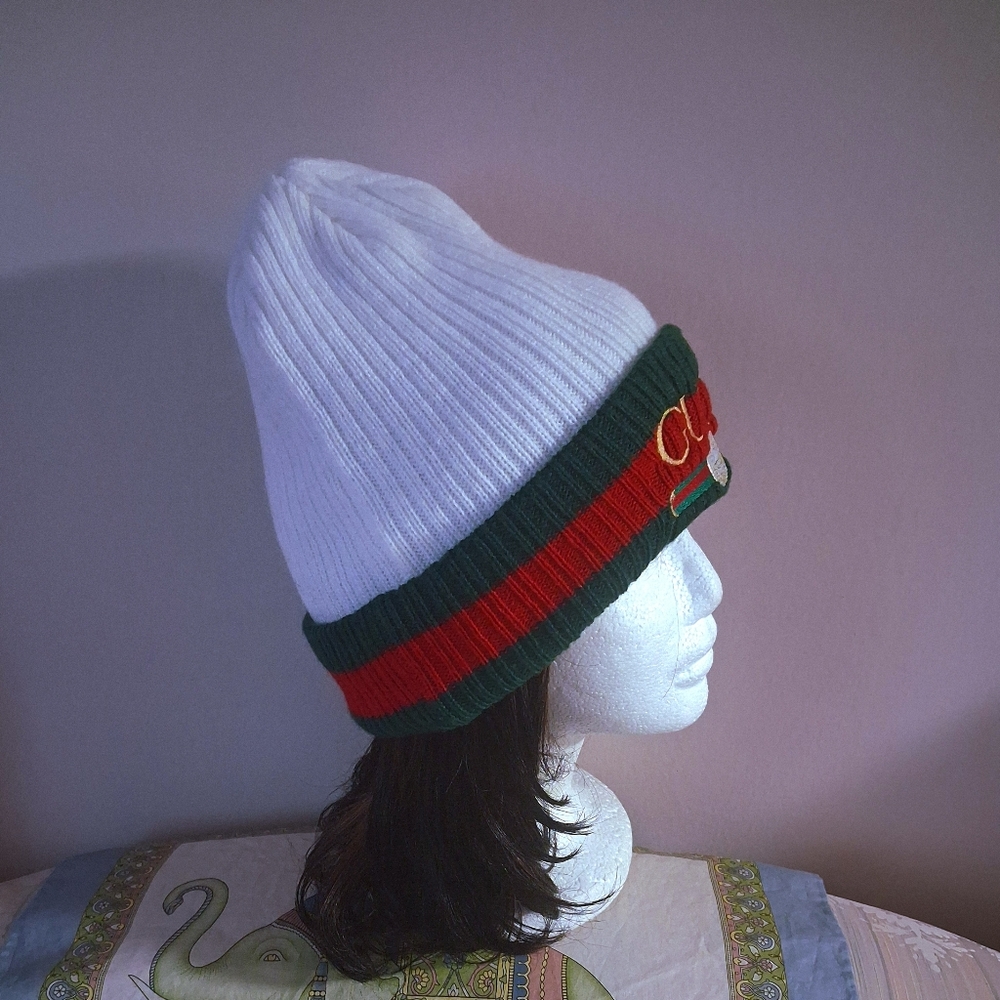 NEW Custom Made Designer Unisex White, Green & Gold Logo Beanie Winter Hat - Picture 3 of 10
